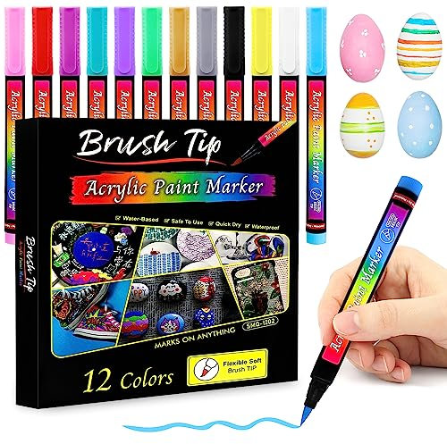Autoau Marqueur Peinture Acrylique, 12 Couleurs Feutre Acrylique Stylos 1-6mm Fine Crayon Feutre pour Roche Pierre Céramique Verre Bois Tasses Métal Tissu Toile