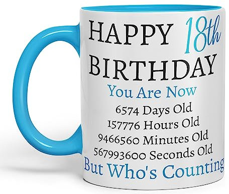 Vixar But Who's Counting Happy 18th Birthday Ceramic Coloured Mug Cup Gift Days Hours Minutes (Blue) (L Blue)