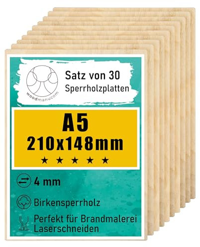 woodmanucom Sperrholzplatte 4mm 30x A5 148mm x 210mm Platten Aus Birkensperrholz Birkensperrholz Dünne Holz Zuschnitte Bastelholz Platte Sperrholz Holzplatte Laser Basteln Modellbau Holz Deko