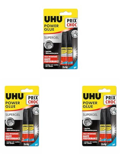 UHU Power glue gel - Colle instantanée ultra rapide et forte, ne coule pas, sans solvants, transparente, tubes 2x3g (Lot de 3)
