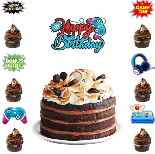 DazzJoy Videospiel Tortendeko Geburtstag Junge,Gaming Deko Torten,Torten Deko Junges,Videospiel Kuchen Deko Junge,Happy Birthday Cake Topper Gamer,Cupcake Topper Gamer Deko für Kinder