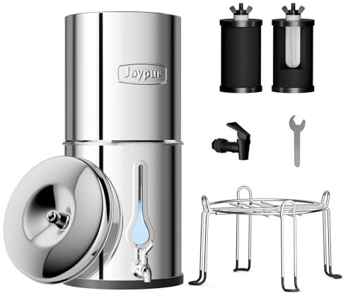 Joypur 8,5 L Système de filtration d'eau par gravité avec fenêtre de visualisation en forme de goutte Filtre à gravité avec certification EU 98/37/EC, NSF/ANSI 42&372, 2 filtres à charbon noir