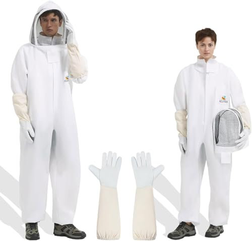 Imkeranzug Imkerei Anzug Ganzkörper Schutzanzug Schutzbekleidung mit Schleier, Kapuze, Handschuhe, Mütze, Schutz für Imker Weiß Unisex (XL)