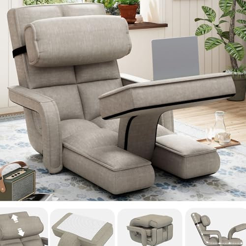 UNIONLINE Floor Chair Adjustable, Folding Lazy Sofa Bed with Armrests, Gaming Lounge Recliner with Pillow & Footrest, Single Chair Bed for Bedroom Home Office,Beige