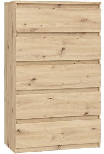FORTE Chelsea Kommode 70 80, Hohe Kommode mit 5 Schubladen, Modernes Sideboard, Holzwerkstoff, Artisan Eiche Holzdekor, 77,2 cm breit x 128,1 cm hoch x 42,2 cm tief