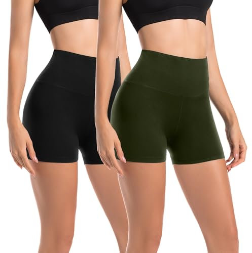 Leafigure 2er Pack Radlerhose Damen Kurz Set Hohe Taille Sporthose Shorts Blickdicht Sommer Hotpants Leggings für Gym Fitness Yoga Schwarz/Grün LXL