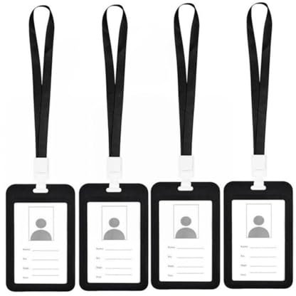 Porta Badge da Collo, Porta Carte con Cordino, Porta Tesserino Per Carta D'Identità, Permesso di Lavoro, Personale, Studenti, Mostra, Colore Nero (4 PCS x VERTICALE DOPPIA)
