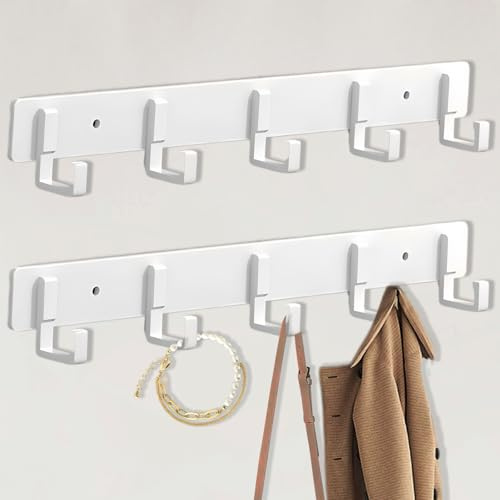 Bosdontek 2 Pack Wall Coat Racks, Heavy Duty Coat Hooks Wall Mounted Clothes Hanger Rustproof Coat Racks Multi-Purpose Wall Hooks Coat Rack for Clothes, Hats, Bags - 2Pcs (White)