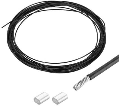 QUARKZMAN 16 Pies (5 M) Cable De Acero Inoxidable 304 1/24 (1 Mm) Negro | Recubierto De Vinilo Con 2pcs De Manguitos De Aluminio Para Colgar, Tendales, Elevación