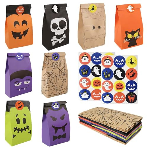 24 Stück Halloweens Candy Tüten (8 Stile), Farbenfrohe Halloween Tüten für Süßigkeiten, Lustig Halloween Geschenktüten Papier mit Aufkleber, Papiertüten für Kinder, Süßes Oder Leckereien, Geschenke