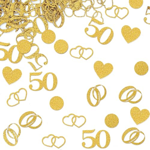 BMGRKYQX 100 Stk Tischdeko Goldene Hochzeit Glitzer Konfetti, 5 Stile mit Zahl 50, Zahl 1975,Ring, Herz-Muster und Kreise, Doppelseitige Streudeko Goldene Hochzeit Deko für die Jubiläum 50 Jahre