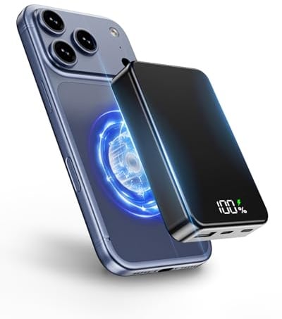 26800mAh Magnetische Powerbank, Mag-Safe-kompatibel, Schwarz | Aluminiumlegierung, 20W Schnellladung USB-C, Kabelloses tragbares Ladegerät Reisezubehör, Für iPhone 17/16/15/14/13/12 Serie