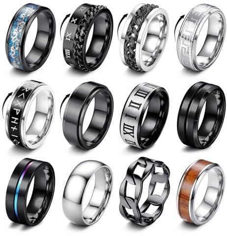 Morfetto 12 Stück Edelstahl Ringe Herren Damen Fidget Ring Schwarz Silber Ringe Set für Männer Spinner Ring Vintage Schlichte Eheringe Verlobungsringe Größe 7–13