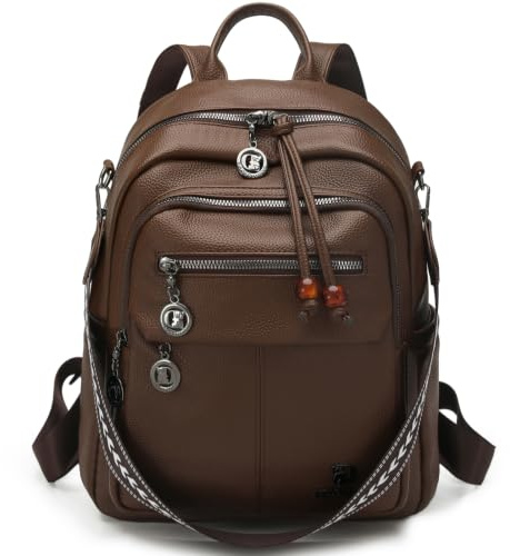 Travistar Rucksack Damen Klein Kunstleder Elegant Kleiner Cityrucksack Damen 3 in 1 Damen Rucksack Modern mit Perlenanhänger Diebstahlschutz Tagesrucksack für Frauen Arbeit Pendeln Reise Alltag Kaffee