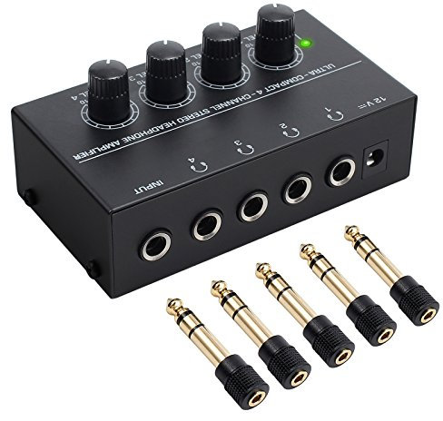 Neoteck Amplificador de Auriculares 4 Canales Ultra-Compacto Estéreo Auricular amp con 5 Piezas de Adaptador 6.35mm (1/4 Inch) a 3.5mm (1/8 Inch) y Adaptador de Energía