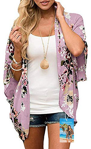 YULOONG Damenmode Bademode Vertuschung Chiffon Blumendruck Kimono Lose Schal Strickjacke Sommer Bluse Bademode Capes, Dunkelpink, S