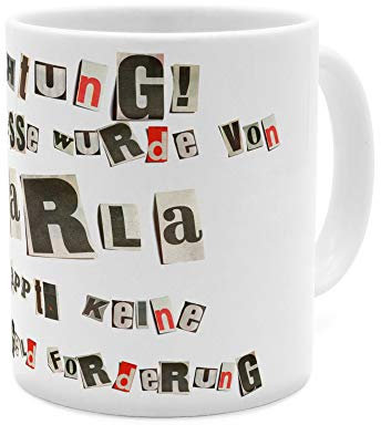 printplanet Tasse mit Namen Carla - Motiv Ausgeschnittene Buchstaben - Namenstasse, Kaffeebecher, Mug, Becher, Kaffeetasse - Farbe Weiß