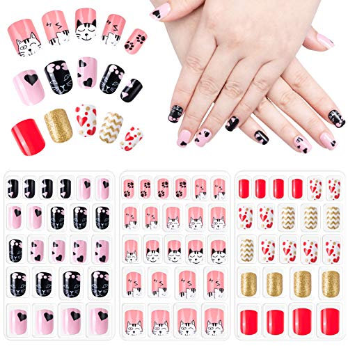 72 Pièces Faux Ongles pour Enfants, Appuyez sur Pré-collé Faux Ongles Artificiels pour Adolescentes Femme (3 Boîtes)