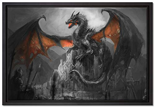 Pixxprint Drache schützend über Burg Leinwandbild 60x40 cm im Bilderahmen, Wandbild, Schattenfugenrahmen, Kein Poster