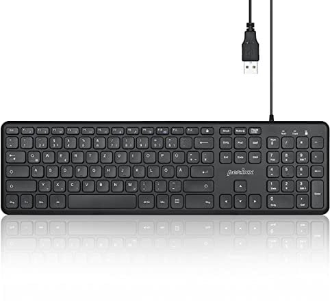 Perixx 11725 PERIBOARD-210 DE Kabelgebundene Standard USB Tastatur mit leisen Scherenstrukturtasten für Computer, Laptop und Tablet, Schwarz, QWERTZ
