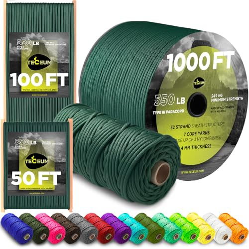 TECEUM Paracord Rope Type III 550 – Tactical MIL-SPEC – Outdoor Para Cord | Dark Emerald Green, 60m, Clothesline, Camping Fishing Gear and Equipment, DIY Cord 4mm, Strong Survival Utility Rope