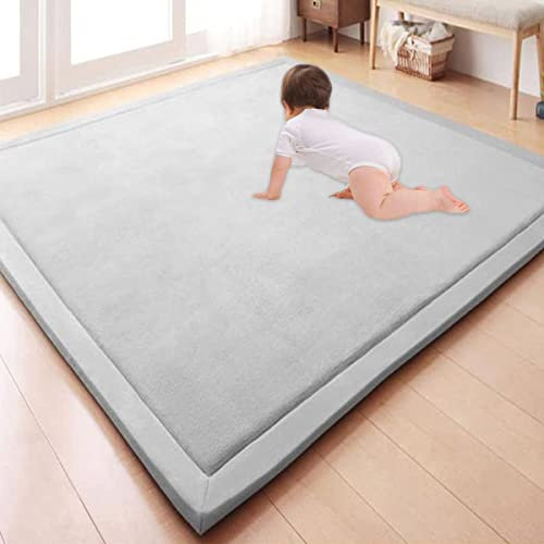 GGoty Großer Teppich, Korallen-Samt, Baby-Spielmatte, dick für Kinderzimmer, Arbeitszimmer, Küche, Kinderzimmer, Krabbelmatte für Babys, rutschfeste Yogamatte (120 x 180 x 2 cm, grau)