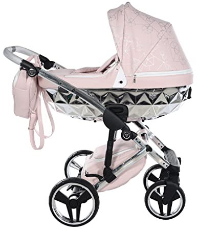 Neuheit! Original Junama Diamond Heart v2 Systeme Kombi-Kinderwagen 4in1 Exclusive Prams (06 Pink - Silber)