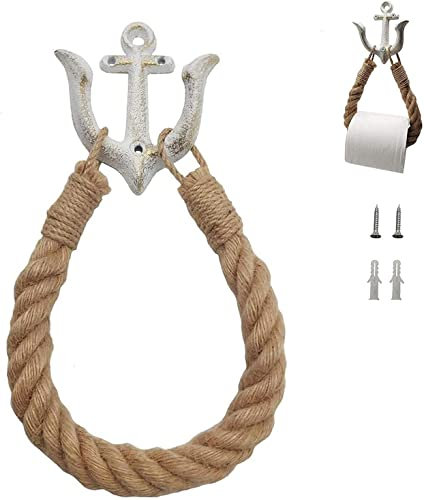 Nautical Rope Toilet Paper Holder, Wall-Mounted Towel Ring, Vintage rope Toilet Roll Holder, Metal Anchor Hook Design, for Beach Themed Bathroom Decor (White)