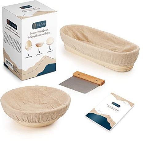 Chefstair Gärkörbchen + Rezepte – Der ideale Gärkorb zum Brotbacken aus natürlichem Rattan - Ohne Chemie (rund | Ø 25 cm, oval | 30 * 15 cm) – mit natürlichem Leineneinsatz und Teigschaber