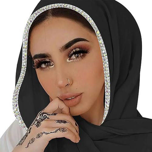 ANKOMINA Frauen Soft Chiffon Strass Lange Schal Schal Mode Muslim Hijab Kopf Wrap Schals, Schwarz (silberfarbener Strass), Einheitsgröße