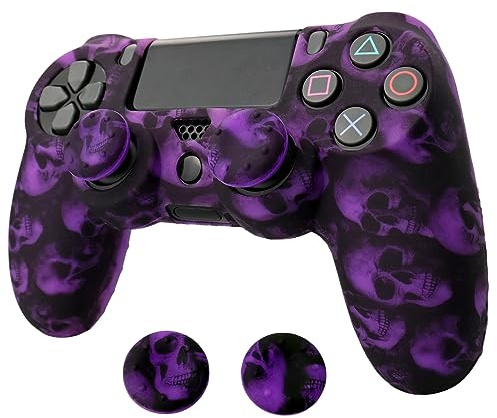 Skin for Ps4 Controller, Anti-Slip Silicone Shell Cover Case with 2pcs Thumb Grip Caps for PS4/ Slim/Pro Dualshock 4 Controller Wireless Gamepad (Purple Skull)