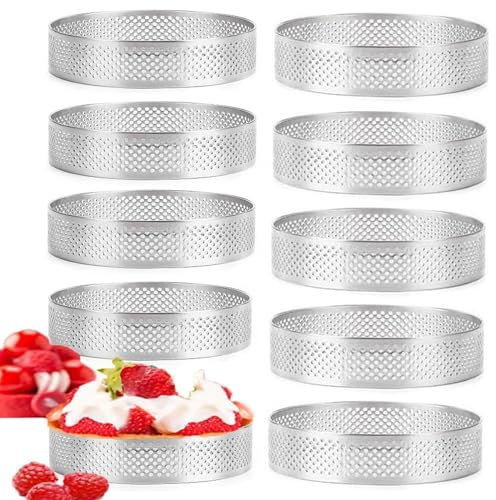 10 Piezas De Moldes Para Tartaletas De Mousse, Anillos Con Agujeros Pastel De Acero Inoxidable, Juego De Aros Para Tartas Antiadherentes, Para Hacer Quiches,Mousses, Círculos Tarta Perforados (8 Cm).