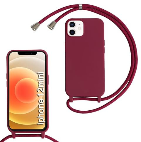SLWYF Compatible with iPhone 12 Mini Crossbody Lanyard Case, Liquid Silicone Protective Phone Case with Strap Adjustable Neck Cord Necklace Soft Cover for iPhone 12 Mini, Red