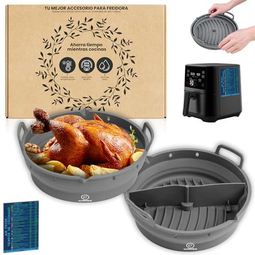 ECOWORLD Pack2 Molde Silicona Freidora de Aire 22cm + Separador de Alimentos + Imán tabla tiempos de cocción - Air Fryer - Accesorios Freidora Sin Aceite - Compatible Cosori 5,5L-6,4L y CECOTEC 5,5L