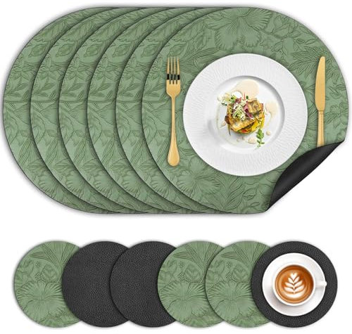 Placemats and Coaster Sets 6, Dual Sided PU Leather Place Mats(34cm) Heat Resistant Waterproof No-Slip, Washable Round Floral Kitchen Coffee Table Mats for Home Hotel Indoor Outdoor Party(Green Black)