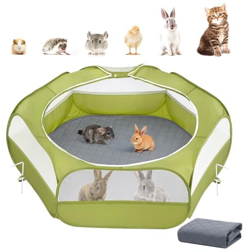 2-in-1-Laufstall für Kleintiere mit Pad, Wasserdichtes Kleintierkäfig-Zelt mit Wiederverwendbarem Pad, Tragbarer Gartenzaun mit 3 Metallstäben für Küken/Kätzchen/Welpen/Kaninchen/Kaninchen, Grün