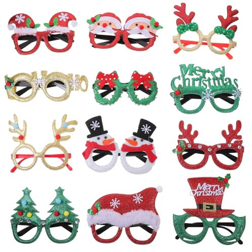CIMAXIC 12 Stücke Weihnachtsfeier Brillen Weihnachtsmütze Gläser Vliesstoff Kunststoffrahmen Weihnachtsbrillen Brillen Requisiten
