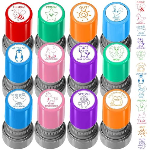 BIZOI 12 Stück Selbstfärbende Lehrer Stempel, Belohnung Motivation Briefmarken, Lob Siegel Ermutigung für Lehrer, Schüler, Jungen, Mädchen, Hausaufgaben, Klassenpreis, Korrigieren von Hausaufgaben