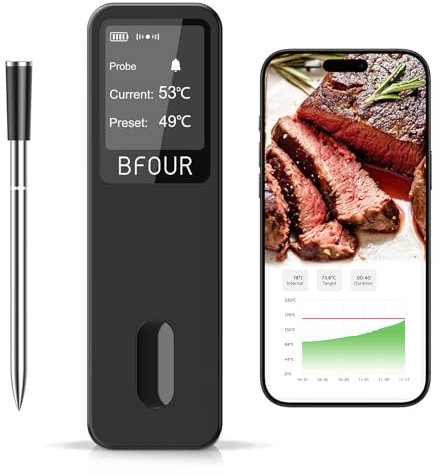 BFOUR 2025 - Termometro da carne senza fili, con Bluetooth, doppio allarme, monitoraggio app, IP67, impermeabile, termometro da forno per barbecue, forno, affumicatore, girarrosto
