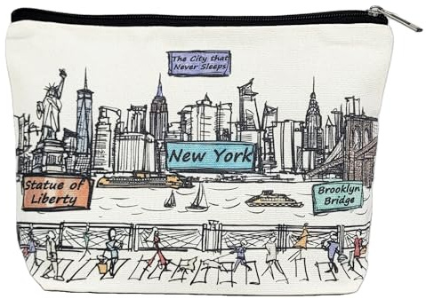 Beary Blu Cities Around the World Artwork Cosmetic Bag Series – Designed in USA, Travel Makeup Bag with Zipper, Souvenir Gift for Women, Artwork Organizer for Purse or Toiletry, New York, 10 x 7