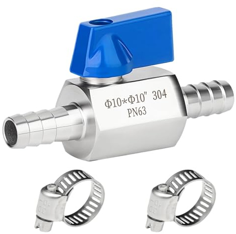 yolzhxe 10MM Kugelhahn mit Widerhaken, 304 Edelstahl Kugelhahn | Absperrhahn mit 2 Schlauchschellen, Pagodengelenk Kugelventil, Geeignet für Wasser, Gas, Öl und Kraftstoff
