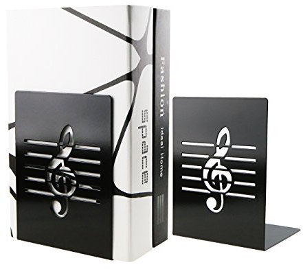Stylische und kreative Metall-Buchstützen mit Notenschlüssel-Motiv, Buchstützen für Kinder, Musikliebhaber, als Heim- oder Bürodekoration, schwarz, 1 Paar