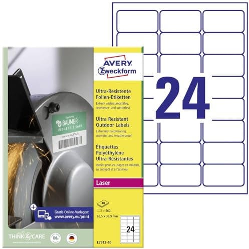 AVERY Zweckform L7912-40 Strapazierfähige Folienetiketten (960 Aufkleber, 63,5x33,9mm auf A4, extrem stark selbstklebend, für schwierige Oberflächen, bedruckbare Outdoor Klebefolie) 40 Blatt, weiß