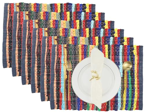 Bunt Abwaschbare 6er Set Tischset - 33x48 cm Baumwolle Gewebte Waschbar Tisch Matten Tischsets rutschfest Platzdeckchen Chindi Stoff Teller Platz Platzsets für Mittagessen und Abendessen