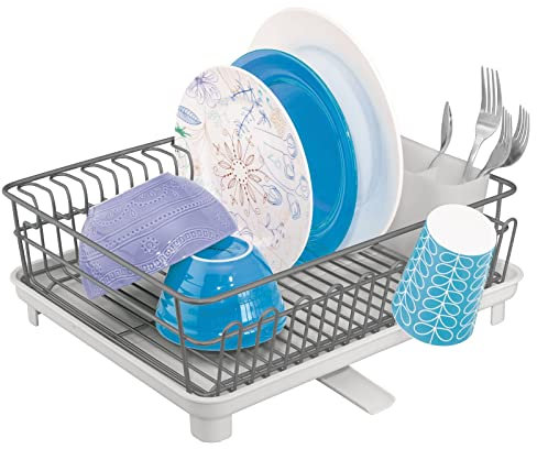 mDesign 3-Piece Dish Drainer — Dish and Cutlery Drainer Rack with Drip Tray — Worktop and Sink Rack for Efficient Dish Draining — Graphite/Light Grey