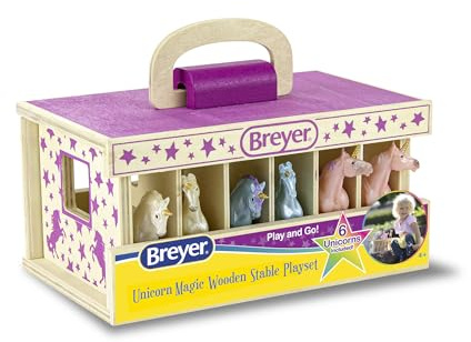 Breyer Unicorn Magic Wood Carry Stable with 6 Unicorns 59218, Multicolor
