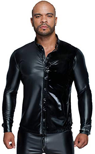 Langärmliges Herren Powerwetlook & PVC Shirt mit Knopfleiste in schwarz Männer Hemd L