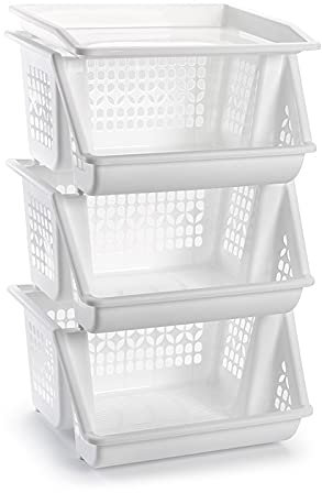 Acan Tradineur - Pack 3 cestas apilables Multiusos 58 x 38 x 29 cm,Carro verdulero 3 niveles apilables multicolores para elegir color que le gusta (Blanco) (PLUS)