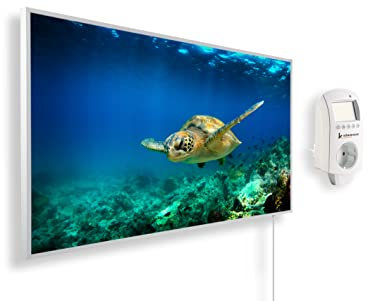 Könighaus Infrarotheizung mit Bild - 800 Watt + Smart Thermostat & Könighaus APP - Energiesparende Infrarot Wandheizung mit Bildmotiv – TÜV SÜD - Weißer Rahmen (13. Schildkröte unterwasser)