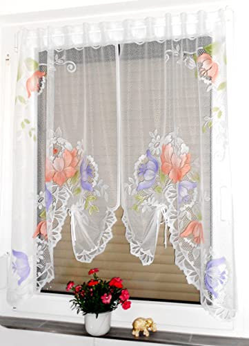 generic 2er Set Gardine Store Bistrogardine Scheibengardine weiß bunt Vorhang, 115 x 130 cm, je Schal 65 cm (L+B), mit Stangendurchzug, Polyester, 30°C waschbar